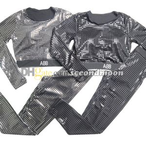 Vêtements de Sport à paillettes brillantes pour femmes, t-shirt à manches longues, lettres, Leggings en sangle, ensemble deux pièces, survêtement