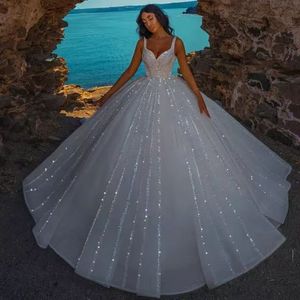 Vestidos de novia de tul brillante Bling Elegnat Vestidos de novia Illusion Hermoso un escote de la línea Apliques a personalizados vestidos de princesa de balón.