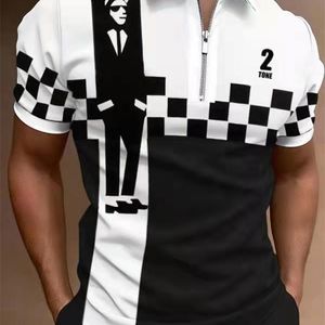 Camisa de moda a rayas de retazos de manga corta para hombre, camisas informales con cuello vuelto y cremallera, Polo ajustado de verano para hombre 220630