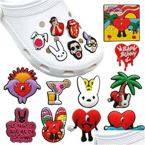 Shoe Parts Accessories Moq 100pcs Nouveau Bad Bunny Shape Clog Charm 2D Soft PVC Jibz Shoe Parts Charms Accessoires Tendance Clog Buckles D Dhfcj