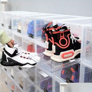 Pièces de chaussures Accessoires Épaissir En Plastique Transparent Basketball Sport Boîte De Rangement De Chaussures Antipoussière Sneaker Transparent Botte Empilable Organi Dhgxz