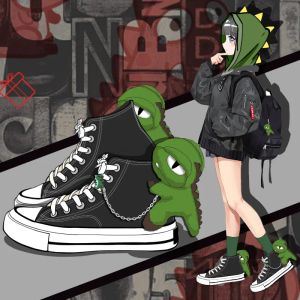 Chaussures Amy et Michael mignon Anime Dinosaures Sneakers Girls Étudiants pour adolescents Unisexe Black High Tops toile chaussures Fashion Women Doll Tennis