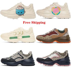 Livraison Gratuite Chaussures Baskets Designer Chaussures Rhyton Hommes Baskets Vintage Chaussures Dames Casual Chaussures En Cuir Multicolore Beige Noir Fraise Vague Bouche Tigre