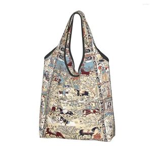 Sacs à provisions Tapis de soie persan antique bleu avec fleurs animaux fourre-tout portable épaule shopper bohème ethnique kilim sac à main