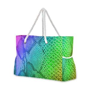 Sacs à provisions Carry Sac pour Voyage Plage Shopping Poignée de corde Femmes Récolables Sacs mignons pour filles Rainbow Snake Skin Imprimer Coloré 220310