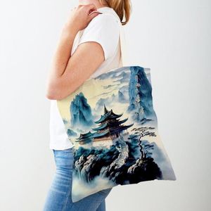 Bolsas de compras pintura china bosque mujer Casual bolso de lona doble impresión decoración hermoso paisaje Shopper Bag Lady Tote