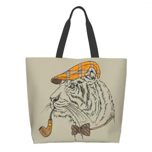 Sacs à provisions Détective Tiger Extra Large Grocery Bag Beret Bowknot Pipe réutilisable Tote Travel Rangement