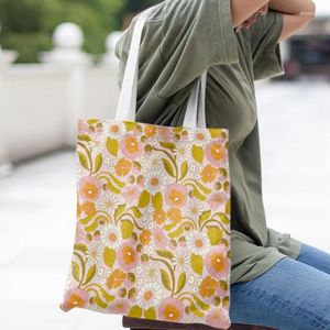 Sacs à provisions motif de fleurs sac à main pour femme thème de plage sac en tissu écologique grande capacité réutilisable épaule épicerie pliante