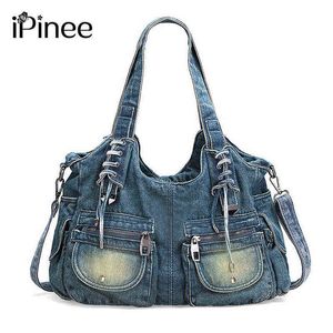 Shopping Bags Ipinee Fashion Women Vintage Casual Denim Handbag Lady Large Capacity Jeans Tote Weave Tape Creative Shoulder Messenger 220303