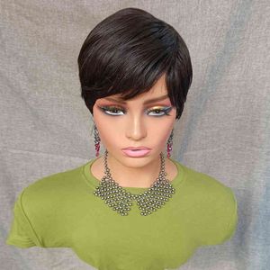 Bob corto Peluca de cabello humano con flequillo Pixie Cut para mujeres negras Color natural Máquina completa Brasileña Barato s 220713