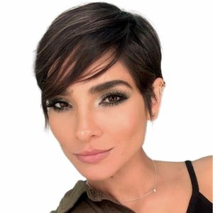 Short Bob Pixie Cut Human Hair Wig With Bangs For Women Natural Black Straight Colored Brazilian Remy Machine Made Wigs