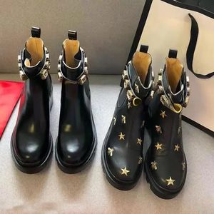 bottes courtes 100% cuir de vachette Boucle de ceinture Métal femmes Chaussures Classique Talons épais Chaussure de designer en cuir Talon haut Mode Diamant Lady botte Grande taille 35-41 us5-us11 Avec boîte