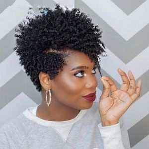 Pelucas de cabello humano rizado corto para mujeres negras Pixie Bob Afro Kinky Brazilian Remy Natural parte lateral con flequillo sin cola