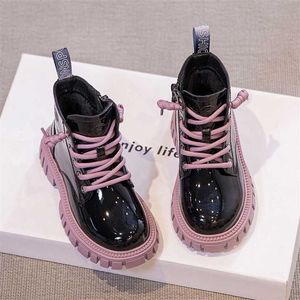 Tobillo de piel corta Invierno Niños Botas de moda para niñas Niños pequeños Zapatos de felpa cálidos Plataforma Niños Negro / Rosa 4-10Y 211227