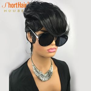 Perruque de cheveux humains courte coupe de lutin perruques sans colle ondulées naturelles avec une frange cheveux brésiliens Remy pour les femmes noires entièrement fabriquées à la Machine