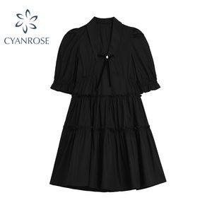 .Short Sleeve Black Shirt Dress Women Summer Fashion Korean Button Taille haute plissé Casual A Line Lady 210515