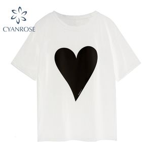 T-shirt à manches courtes Love Pattern T-shirt Femme Summer WhiteBlack Lâche Rok Basic Tees Femme Casual Crewneck Tendance OL Chic Tops 210417