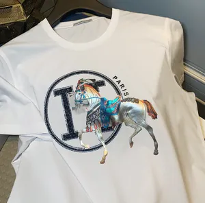 Camiseta de manga corta para hombre, con letras de caballo de guerra, algodón mercerizado, moda blanca de media manga