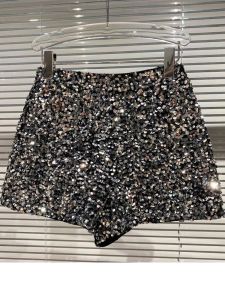 Shorts d'été Nouveaux pleins de paillettes brillantes à glissière lourde à glissière THREEMINUTE shorts noirs argent pantalon chaud pour femmes