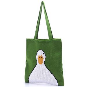 Bolsos de hombro tejido femenino patrón de pato de dibujos animados bolso de mano con asa superior mujeres marea invierno Vintage Retro rural tejido lindo elegante verde Handba