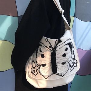 Bolsas de hombro Harajuku Girl Y2K Moda Bordado Mariposa Impresión Gran Capacidad Bolsa de lona Ladies Tote