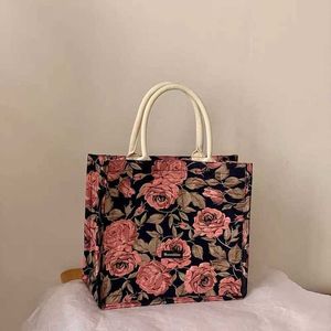 Bolsas de hombro Vintage Tote Rose Estampado Flor Trendyol Diseñador de lujo Bolso Casual Gran Capacidad Compras Bolso Mujer 230309