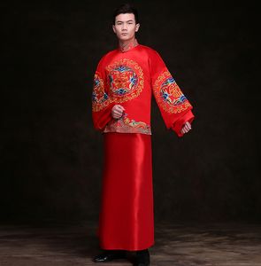 Mostrar ropa de hombre pratensis estilo chino vestido de boda rojo bordado novio noche vestido largo kimono chaqueta tang traje traje