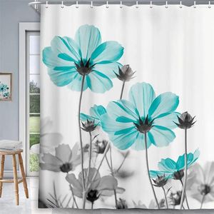 Cortinas de ducha Cortina floral abstracta Azul Daisy Flower Elegante Patrón de flores silvestres con ganchos Decoración de baño de tela impermeable