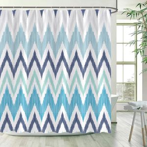 Cortinas de ducha ondas abstractas rayas modernas minimalistas azul blanco cortina geométrica cortina poliéster tela de decoración de baño
