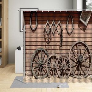 Rideaux de douche grange bois Wagon roue rideau ferme Vintage Grain rustique mur tissu bain étanche salle de bain décor