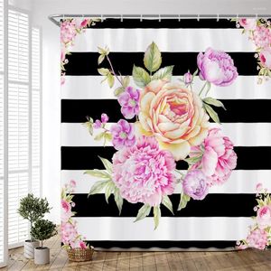 Cortinas de ducha Conjunto floral de rayas blancas negras plantas de color rosa natural Decoración de baño de tela de poliéster con ganchos