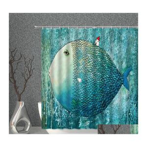 Rideaux de douche Dessin animé Rideau de poisson Ensemble Boho Seahorse Shell Océan Tissu imperméable Salle de bain Bleu Bain Sn Baignoire Décor Drop Delive Dheid