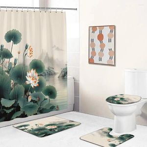 Cortinas de ducha Estilo chino Lotus Koi Pintura de tinta de bambú Cortina de baño Decoraciones de baño vintage para el hogar