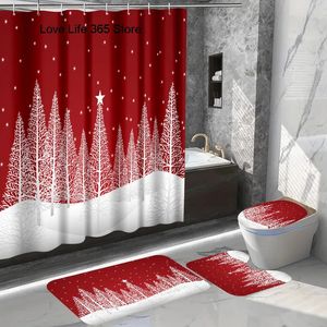 Cortinas de ducha Serie navideña Impresión 3D Cortina de ducha Festival Poliéster Impermeable Campana roja Alfombra para el piso Juego de inodoro Accesorios de baño 231122