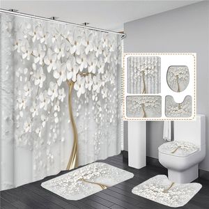 Rideaux de douche bouquet élégant de fantastiques fleurs blanches 3D rideau de douche de douche rideau de salle de bain avec tapis de bain ensemble de tapis décor floral à la maison 230831