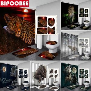 Cortinas de ducha Leopardo elegante 3D Baño Lindo Bubble Elefante Topicapietos Mostín de baño Conjunto de madera de lobo salvaje