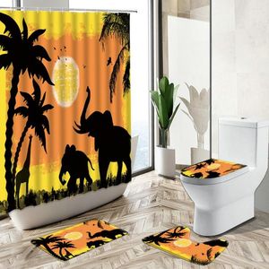 Cortinas de ducha elefante jirafa alce silueta cortina Animal salvaje plantas tropicales océano puesta de sol paisaje alfombra inodoro cubierta juego de baño
