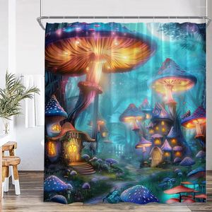 Rideaux de douche Fantasy Champignon Curtain de forêt dessin animé House Tree Night Landscape Childre