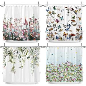 Rideaux de douche Fleurs Rideau avec crochets Plante Papillon Imprimé Salle de bain Polyester Tissu Décor Bain imperméable