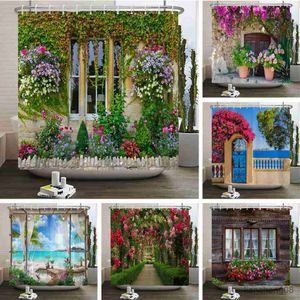 Shower Curtains Flowers Scenery Waterproof Shower Curtains Rural Street Flowers Bathroom Curtains Fabric Washable Decor Bath Curtains R230825