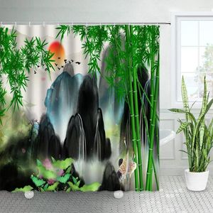 Rideaux de douche vert bambou encre paysage fleurs naturelles oiseau asiatique style chinois art tissu bain rideau crochets salle de bain décor