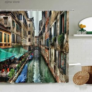 Rideaux de douche Italie Venise Eau Ville Architecture Paysage Rideau De Douche Exotique Salle De Bains Imperméable Polyester Photographie Tissu Rideaux Ensemble Y240316