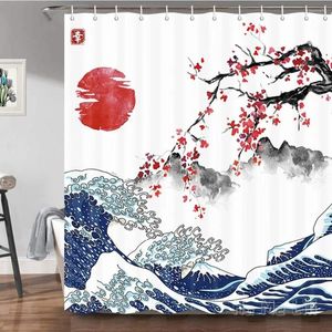 Cortinas de ducha Arte japonés Ocean Spring Flower Cherry Blossom Red Sun Monte gris estampado ASIAN ASIAN Decoración de baño chic