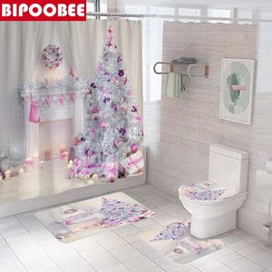 Rideaux de douche joyeux noël de salle de bain rideau de salle de bain 3d de cheminée de Noël tapis de bain de cheminée couvercle de couvercle de toilettes