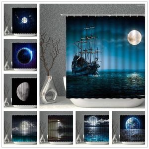 Cortinas de ducha Luna estrella cortina azul marino espacio planeta agua tierra barco baño pantalla bañera decoración