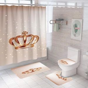 Cortinas de ducha, juego de cortinas con estampado de flores de corona rosa, decoración de baño de mármol Simple con ganchos, alfombrillas de baño antideslizantes, alfombras