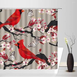 Cortinas de ducha pájaros florales rojos cortina de cerezo cardenales de cerezo rama de árbol de árbol de primavera naturaleza tela baño con ganchos