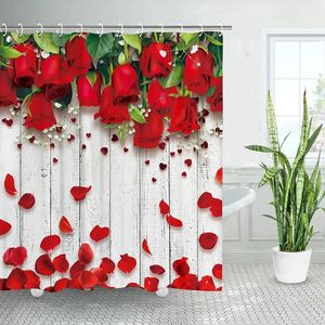 Cortinas de ducha Cortina de rosa roja Flores naturales Hojas verdes Pétalo Día de San Valentín Decoración de baño Tela de poliéster Chica Mujer Regalo Ganchos