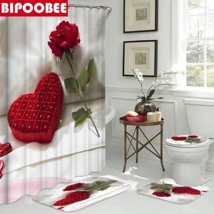 Cortinas de ducha Caja de regalo de rosa roja Cortina impresa de tela impermeable Pedestal Alfombra de la alfombra del baño Mats de baño de baño Decoración del hogar