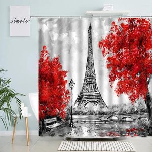 Rideaux de douche rétro Paris tour rideau arbre rouge pont parc nature paysage peinture à l'huile tissu impression mur salle de bain décor bain
